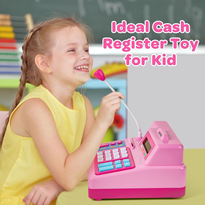 BAODLON Calculator Cash Register - 103 Pcs Pink Toy Cash Register, Microphone, Credit Card and Banking for Kids, Early Math Skills Toys Gifts for 3, 4, 5, 6 7 8+ Years Old Boys Girls - Image 4